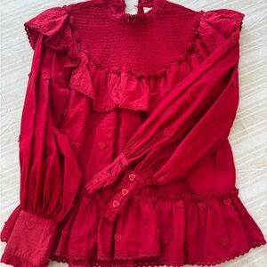 FARM Rio Red Blouse with Ruffled Bib Collar and Cuffed Sleeves